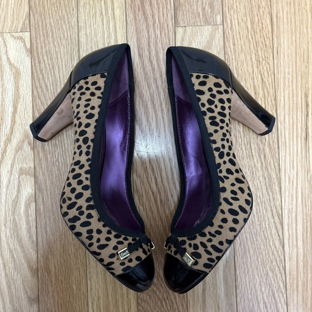 Coach Poppy Black‎ Patent Cap Toe Cheetah Print 3.5 Inch Pumps - Size 8